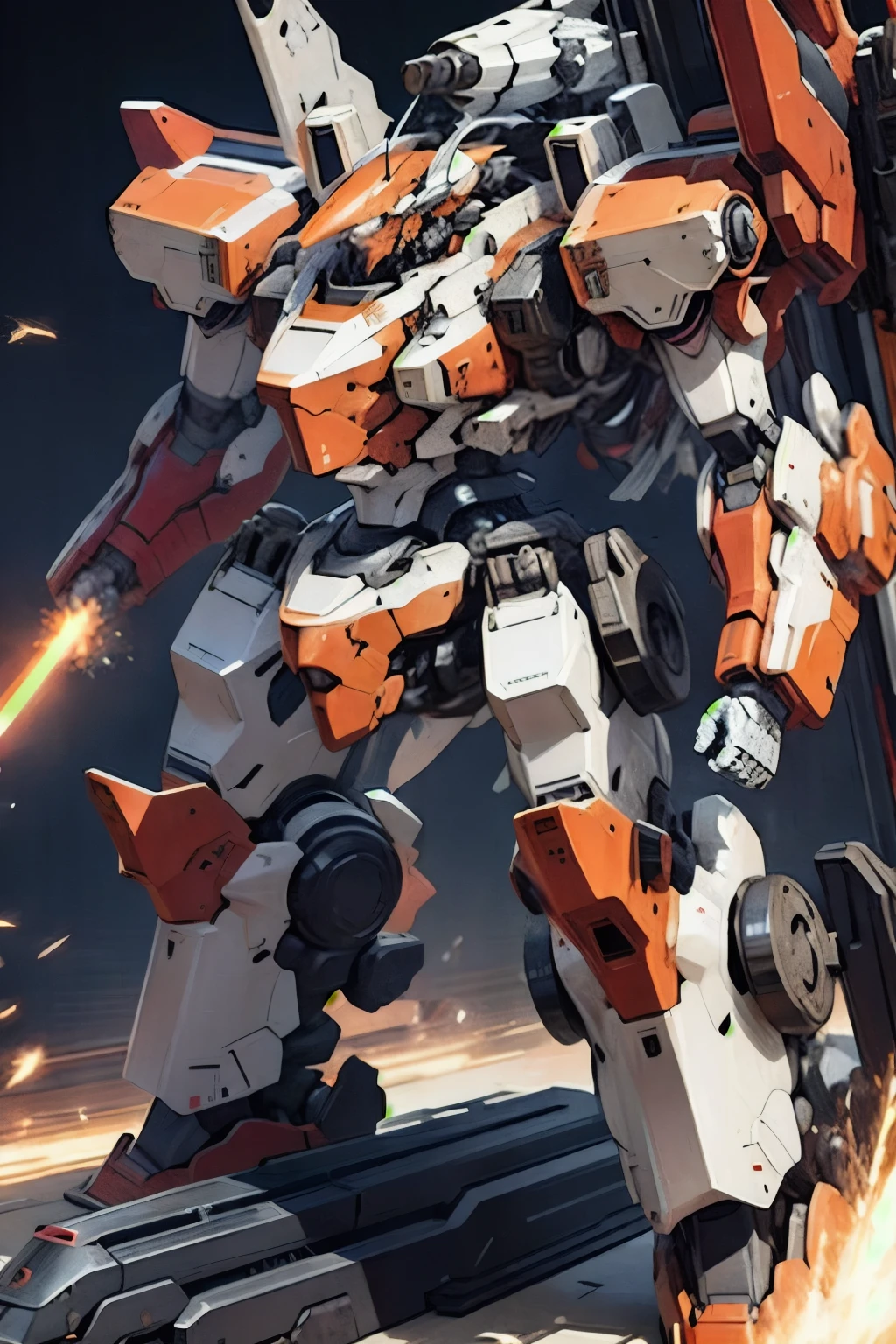 The orange Armored Core with white trim carried a double turret shield. Its square body and octagonal connections brought a more sacred air., as well as its heavy and massive size to withstand heavy blows. The thrusters on his back looked thick and powerful, capable of accelerating a frigate through space.