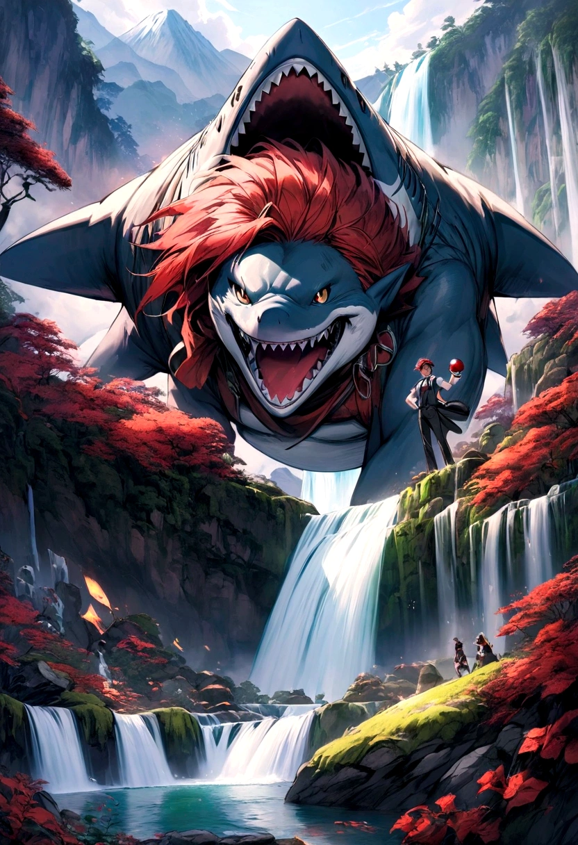 pokemon trainer , Masterpiece , perfect hands,pokeball in hand , Red hair, shark teeth, challenging look , wide , top of a mountain with a waterfall in the background , intimidating aura 