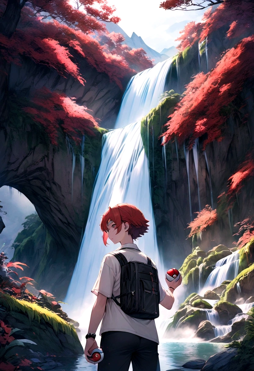 pokemon trainer , Masterpiece , perfect hands,pokeball in hand , Red hair, shark teeth, challenging look , wide , top of a mountain with a waterfall in the background , intimidating aura 