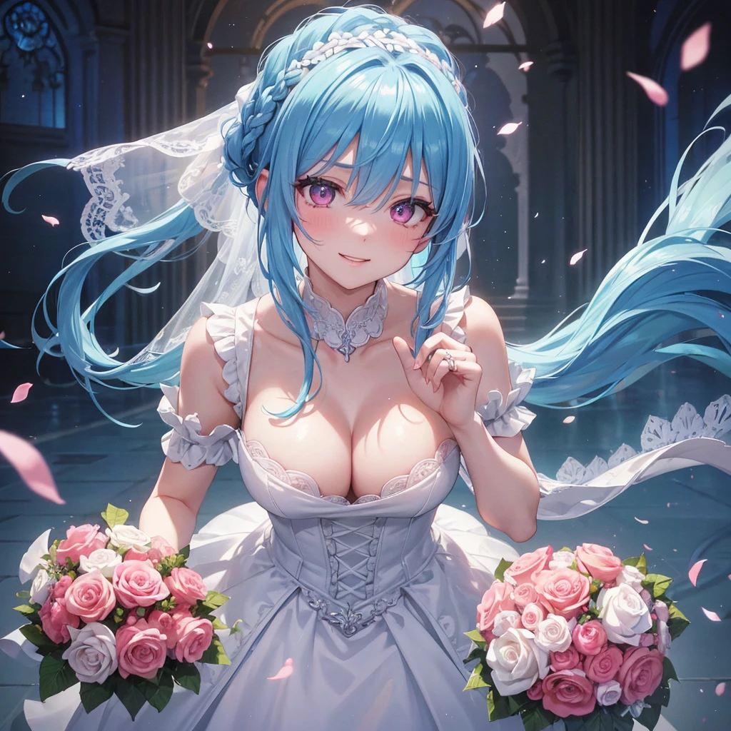 Sky blue hair, (Braided Ponytail),(Pink Eyes),Fair skin ,(whole body),(One girl),bride,A big smile,Straight bangs, 6月のbride,Wedding dress,(masterpiece, Highest quality, Very detailed, Best Shadow), (Detailed Background), (Beautifully detailed face), High Contrast, (Best lighting, Very delicate and beautiful), ((Cinematic Light)), colorful, Hyper Detail, Dramatic Light, Intricate details,Chapel background,A bouquet of roses in the right hand,Ring on left ring finger,