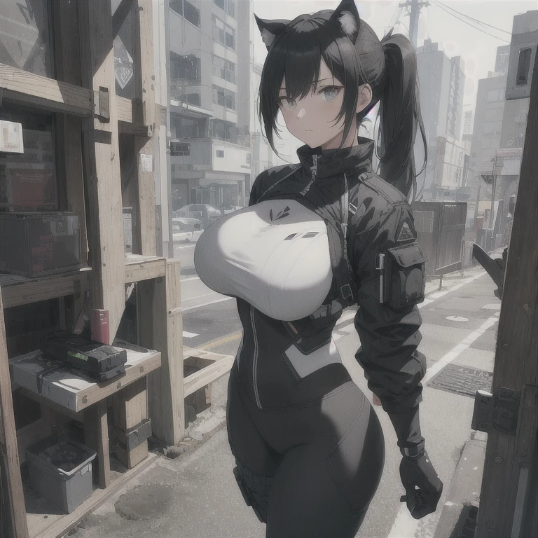 Absurd resolution, high resolution, (masterpiece: 1.4), hyper-detail, full body shot, solo, 1 kemono feline cat woman, humanoid, no skin other than neck and head shown, black hair, messy ponytail, cute face, detailed soft grey eyes, huge massive hyper super swollen heavy breasts, breasts so big that cover her whole torso and are bigger than her head while being so big they reach her belly button, extremely super large swollen perky heavy bust, super huge enormously gigantic tits, gigantic bursting out of her top, inflated breasts, breasts_expansion, super gigantic swollen heavy tits, wide full hips, narrower torso and shoulders, smaller torso, full thicc big soft thighs, big rounded full soft butt, ruggedized utility styled outfit, fully insulated suit, full body outfit coverage with no skin showing or revealed, scifi monochrome black and grey fullbody covering protective padding rugged loose-fitted pilot utility suit, white zipped utility cropped top for breasts support with a black strap horizontal across cleavage worn on top of suit, tactical strategic angular-patterned protective padding on hips and thighs and abdomen, practical/functional clothing, weather-proof durable clothing material, nylon clothing material, custom made clothing to fit and support large breasts, scifi padded rugged rigid high collar techwear jacket, armored high collar, white and black triangular decals and techwear iconography on apparel and clothing, techwear gloves, arm mounted strapped display scifi tablet/communication device/computer, ruggedized tech, ruggedized tech aesthetic, fitted utility pants, utility chaps, near future scifi, cyberpunk aesthetic, anime aesthetic