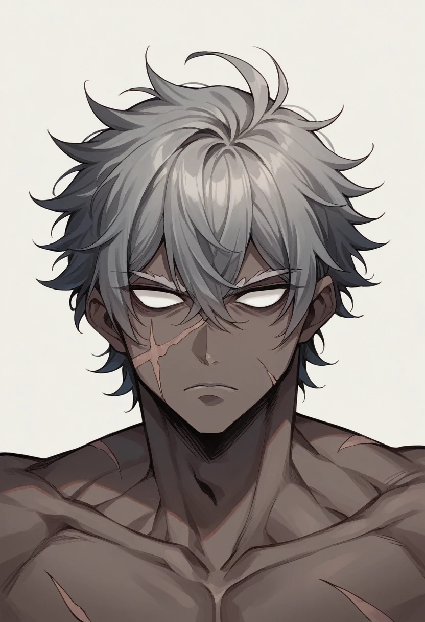 肌肉男, thick-skinned, dark gray skin color, dark black skin, shorth hair, perfil, sores and scars, look with empty eyes, cloused mouth, gray lips.