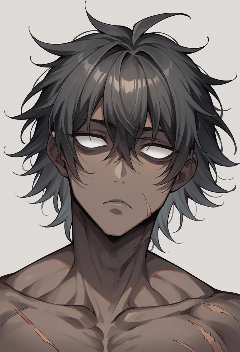肌肉男, thick-skinned, dark gray skin color, dark black skin, shorth hair, perfil, sores and scars, look with empty eyes, cloused mouth, gray lips.