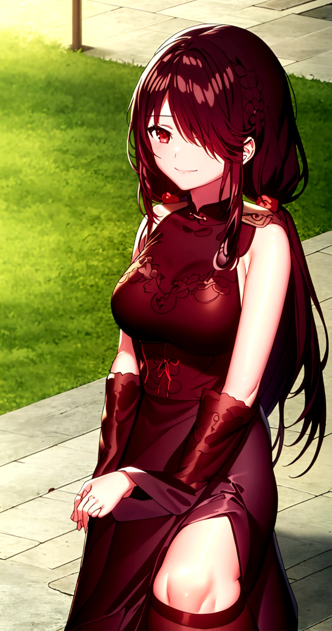 ltra-detailed,highly detailed,best quality,masterpiece,illustration,realistic,photorealistic,
tokisaki kurumi, 1girl, solo,smile,
chinese clothes, china dress, bare shoulders, thighhighs, feather shawl, side slit,
twintails, long hair, hair over one eye, hair bun, double bun, bun cover,
looking at viewer,walking, 
branch, outdoors, flower, river, bench, wind,floating hair, falling petals,
 