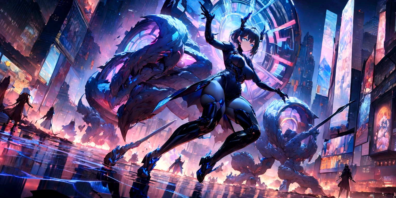((masterpiece, Highest quality, Best image quality, High resolution、4k)) A very large wheel、Burning Wheels、A single Wheeled Demon with glowing blue eyes and advanced cybernetic enhancements. Seen in dynamic action poses, reflection on a smooth surface. The cityscape below is filled with towering skyscrapers., illuminated by colorful holographic advertisements, Shining with blue energy, Mighty power. The overall atmosphere is dark and mysterious., It had a futuristic techno vibe.. The lighting is dramatic, Intense highlights and deep shadows, Creates depth and tension.