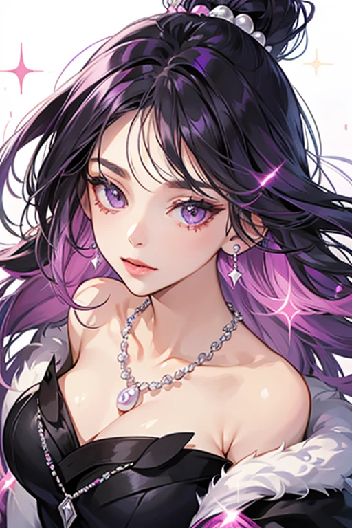 she has half purple and half pink. She has black eyes and wears a black and white pearl necklace. SPARKLE; GLITTER
