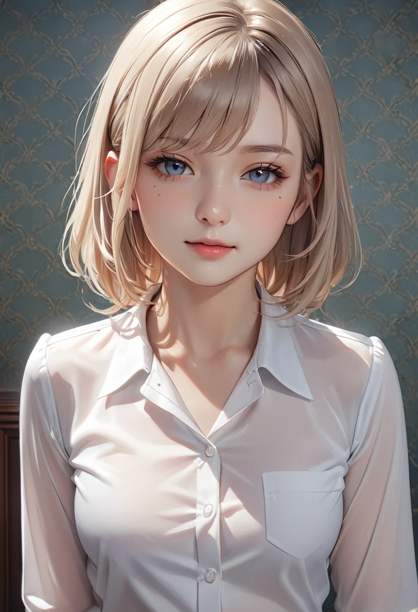 raw photo, 1girl, cute face, beautiful face, medium breast, collared blouse, White blouse, light smile, Upper body, detailed skin, pore, simple background, frontal face, wallpaper, photorealistic, anatomically correct, masterpiece, best quality, UHD,Masterpiece