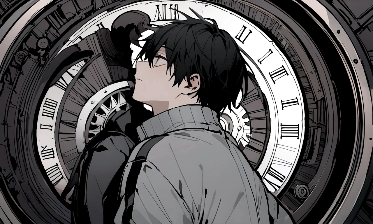 black and white drawing, giant clockwork background, 무너져 내리는 giant clockwork background, The clockwork is collapsing., 26 year old male 1, black neat hair, wearing gray tracksuit, Slump