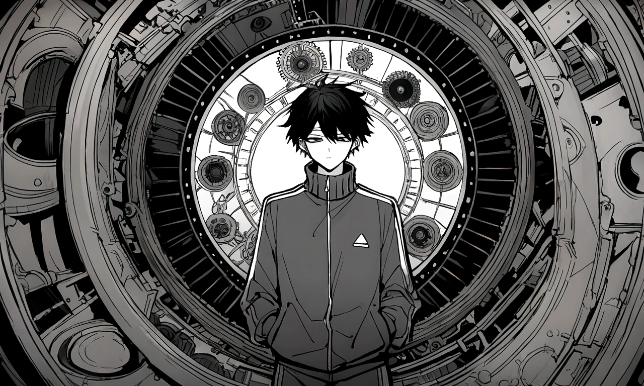 black and white drawing, giant clockwork background, 무너져 내리는 giant clockwork background, The clockwork is collapsing., 26 year old male 1, black neat hair, wearing gray tracksuit, Slump