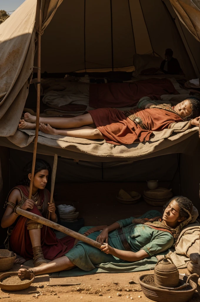Masterpiece, Canaanite woman in period clothing, in one hand a stake and in the other a maso, murders a Syrian warrior who is fast asleep in a tent (the two are alone) 4k