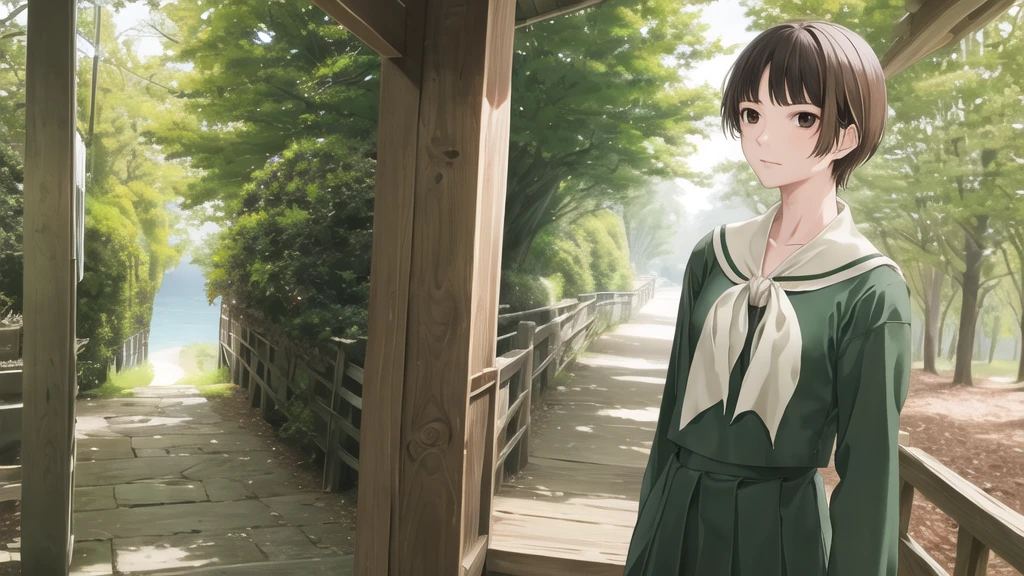 , masterpiece, Highest quality, High resolution, aayoshino, Slender figure, Sickly, skin color is fair, whole body, White Rose, Long Hair, Twin Blade, Brown eyes, Hair that falls over the shoulders, , Sailor collar, neckerchief, Green Shirt, One piece sailor shirt, Long sleeve, Green Skirt, Long skirt, Are standing, Cowboy Shot, Outdoor, White Rose庭園, Person on the right, Shining Face