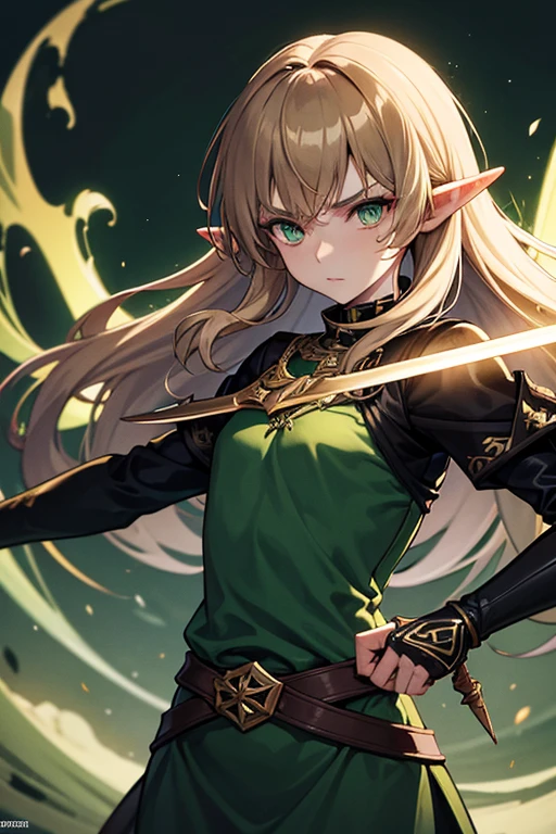 Young elven woman, pale skin, brown hair, green eyes,  black clothes, small, dark fantasy, long ears, bladedancer, pissed, holding a sword, fighting, blood staina