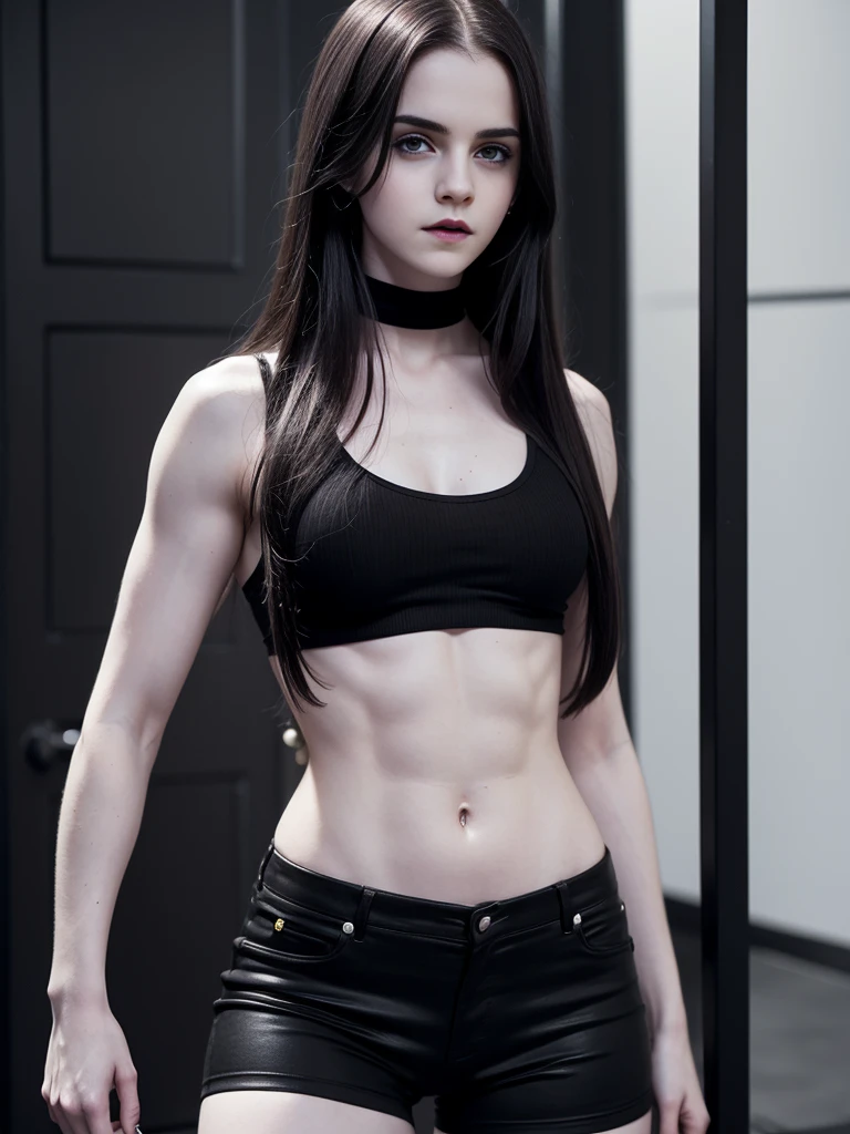 ((pale skin)), ((white skin)), muscular, busty, huge , 21 year old emma watson, with long hair, ((goth)), defined muscles, six-pack abs, ((black lipstick))