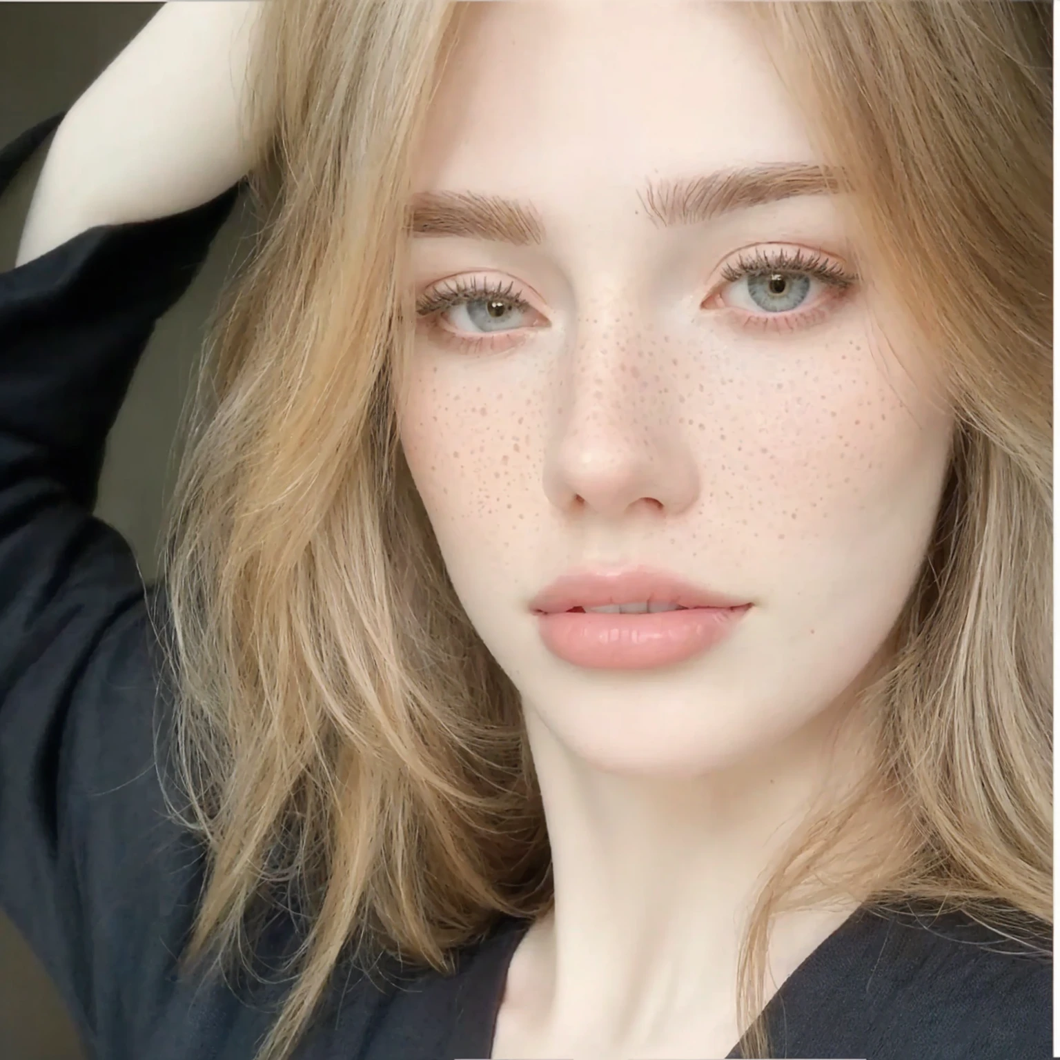 there is a woman with freckles and a black shirt, Perfect face ), pale skin suave natural, pale skin, smooth and impeccable, beautiful fine facial features, nice and light freckles, very light freckles, light freckles, pale skin marfil, beautiful delicate face, pale skin y pecosa, pale skin y brillante, pale skin y clara!!, soft freckles, 🤤 girl portrait, extremely beautiful face