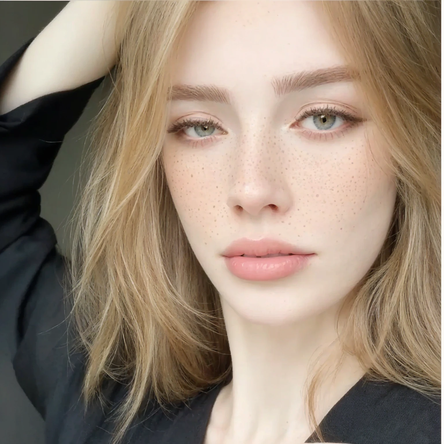 there is a woman with freckles and a black shirt, Perfect face ), pale skin suave natural, pale skin, smooth and impeccable, beautiful fine facial features, nice and light freckles, very light freckles, light freckles, pale skin marfil, beautiful delicate face, pale skin y pecosa, pale skin y brillante, pale skin y clara!!, soft freckles, 🤤 girl portrait, extremely beautiful face
