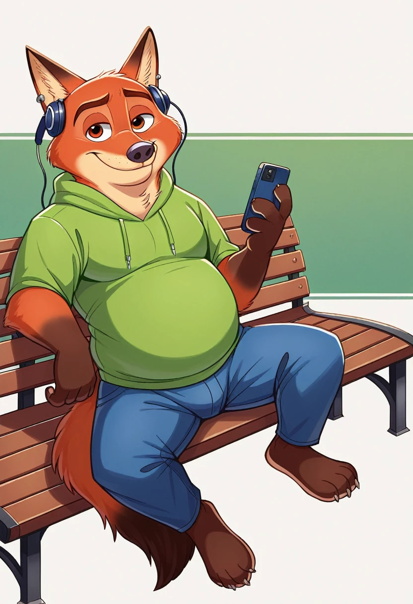 Hyperrealist art, furry portrait, vivid colours, full body picture, full figure image, masterpiece, best quality, high resolution, brawny barefoot Gideon Grey (Zootopia, cute, beefy, chubby, male fox, redish fur, longer fur on cheeks, side part hair style, shorter snout) in casual teens clothes (hoodie, long pants), wearing sandals, sitting on park bench, detailed nice feet with short claws, watching video on smartphone, red glow in his eyes, smiling, Earplug Headphones. detailed background, anatomically correct, 8k, (wide dynamic range, dynamic angles and pose:1.2), sharp, focused, (DOA):1.23, (Particle),(author:by Jackaloo)