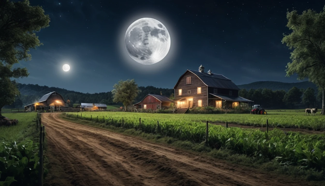 Image of a farm with a scared running in front of the farm , Looking back, in the moon night , PICTURE REALISTIC, high resolution, 8K