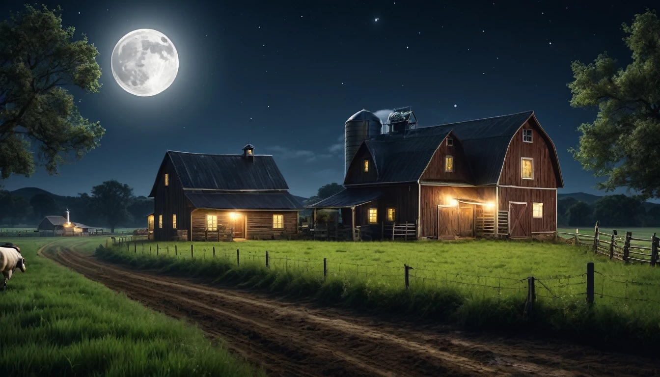 Image of a farm with a scared running in front of the farm , Looking back, in the moon night , PICTURE REALISTIC, high resolution, 8K