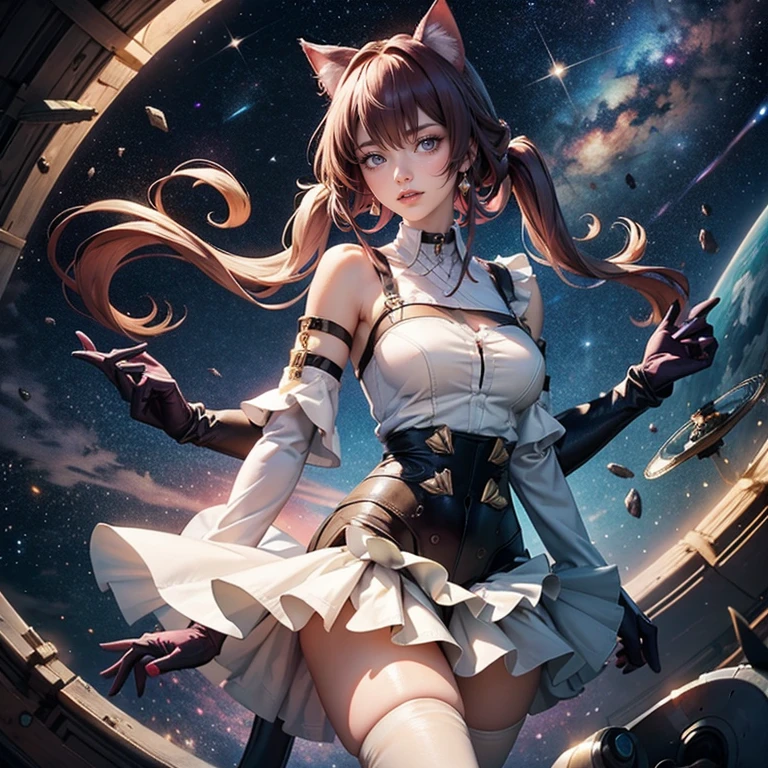Kafka_(honkai: star rail), medium hair, flowing hair, floating hair, ornament hair, perfectly body, perfectly hands, maid tiara on hair, maid, maid dress, maid headdress, maid apron, white apron, white apron, white headdress, 1girl, white maid dress, jewelry, pigtails hair, flowing hair, long hair, maid dress with a short skirt and layers, white laces, white boots, white dress with transparency, gold details on her clothes, cat ears, animal ears, more details, perfectly body, perfectly hands, two hands, two legs, two arms, five fingers, glowing hair, best quality, cat ears, animal ears, tail ornament, tail bow, white gloves, two cat tail, white gloves, alone, maid headdress, choker, detached sleeves, maid dress, maid white dress, strapless, masterpeice, best quality, detailed face, night, asymmetrical gloves, bangs, white short skirt , white gloves, white boots, earrings, elbow gloves, fishnet thighhighs, fishmasterpeice, solo, best quality, detailed face, gloves, green eyes, green hair, hair between eyes, jewelry, long hair, looking at viewer, single earring, sky, sleeveless, solo, thigh boots, thighhighs, tongue, tongue out, uneven gloves, cat ears, animal ears, cat tail, , solo, alone, Looking at the viewer, More details on the clothes, space scenery, maid, maid dress, magenta details, magenta roses, maid headdress, maid apron, pigtails, long hair, seat on the Saturn rings, bats details on her clothes, more details on her clothes, gold details on her clothes, space, smiling, standing her hand to a viewer, looking at the viewer, in the background a several asteroids glowing with fiery auras, Dramatic lighting from distant stars and planets illuminates the scene, looking at the vast and mysterious universe, cowboy shot, upper body portrait, more details, sparkle,