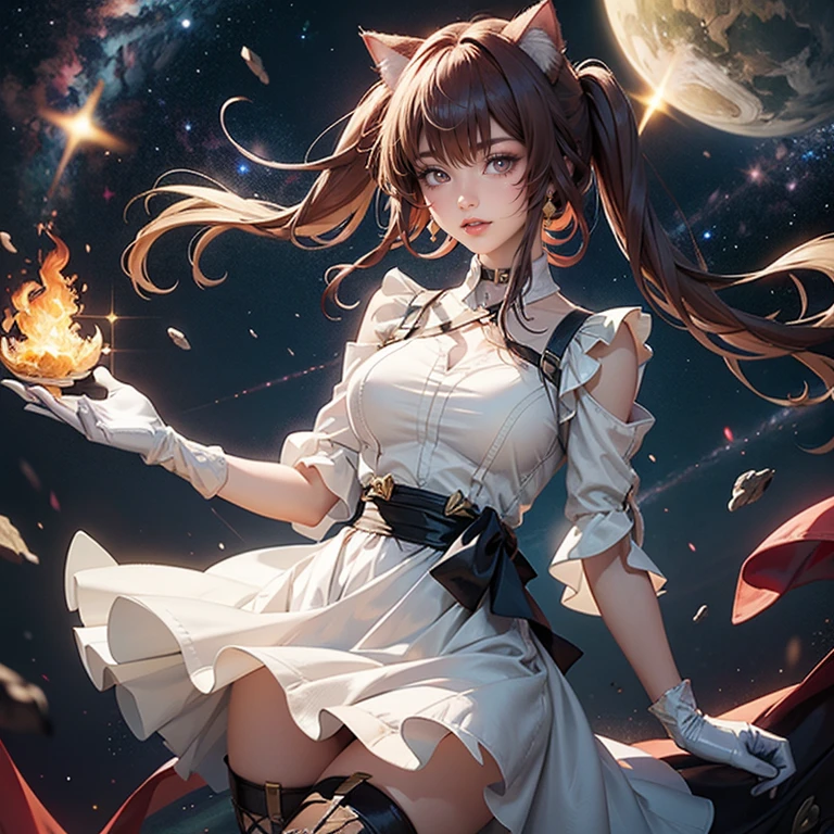 Kafka_(honkai: star rail), medium hair, flowing hair, floating hair, ornament hair, perfectly body, perfectly hands, maid tiara on hair, maid, maid dress, maid headdress, maid apron, white apron, white apron, white headdress, 1girl, white maid dress, jewelry, pigtails hair, flowing hair, long hair, maid dress with a short skirt and layers, white laces, white boots, white dress with transparency, gold details on her clothes, cat ears, animal ears, more details, perfectly body, perfectly hands, two hands, two legs, two arms, five fingers, glowing hair, best quality, cat ears, animal ears, tail ornament, tail bow, white gloves, two cat tail, white gloves, alone, maid headdress, choker, detached sleeves, maid dress, maid white dress, strapless, masterpeice, best quality, detailed face, night, asymmetrical gloves, bangs, white short skirt , white gloves, white boots, earrings, elbow gloves, fishnet thighhighs, fishmasterpeice, solo, best quality, detailed face, gloves, green eyes, green hair, hair between eyes, jewelry, long hair, looking at viewer, single earring, sky, sleeveless, solo, thigh boots, thighhighs, tongue, tongue out, uneven gloves, cat ears, animal ears, cat tail, , solo, alone, Looking at the viewer, More details on the clothes, space scenery, maid, maid dress, magenta details, magenta roses, maid headdress, maid apron, pigtails, long hair, seat on the Saturn rings, bats details on her clothes, more details on her clothes, gold details on her clothes, space, smiling, standing her hand to a viewer, looking at the viewer, in the background a several asteroids glowing with fiery auras, Dramatic lighting from distant stars and planets illuminates the scene, looking at the vast and mysterious universe, cowboy shot, upper body portrait, more details, sparkle,