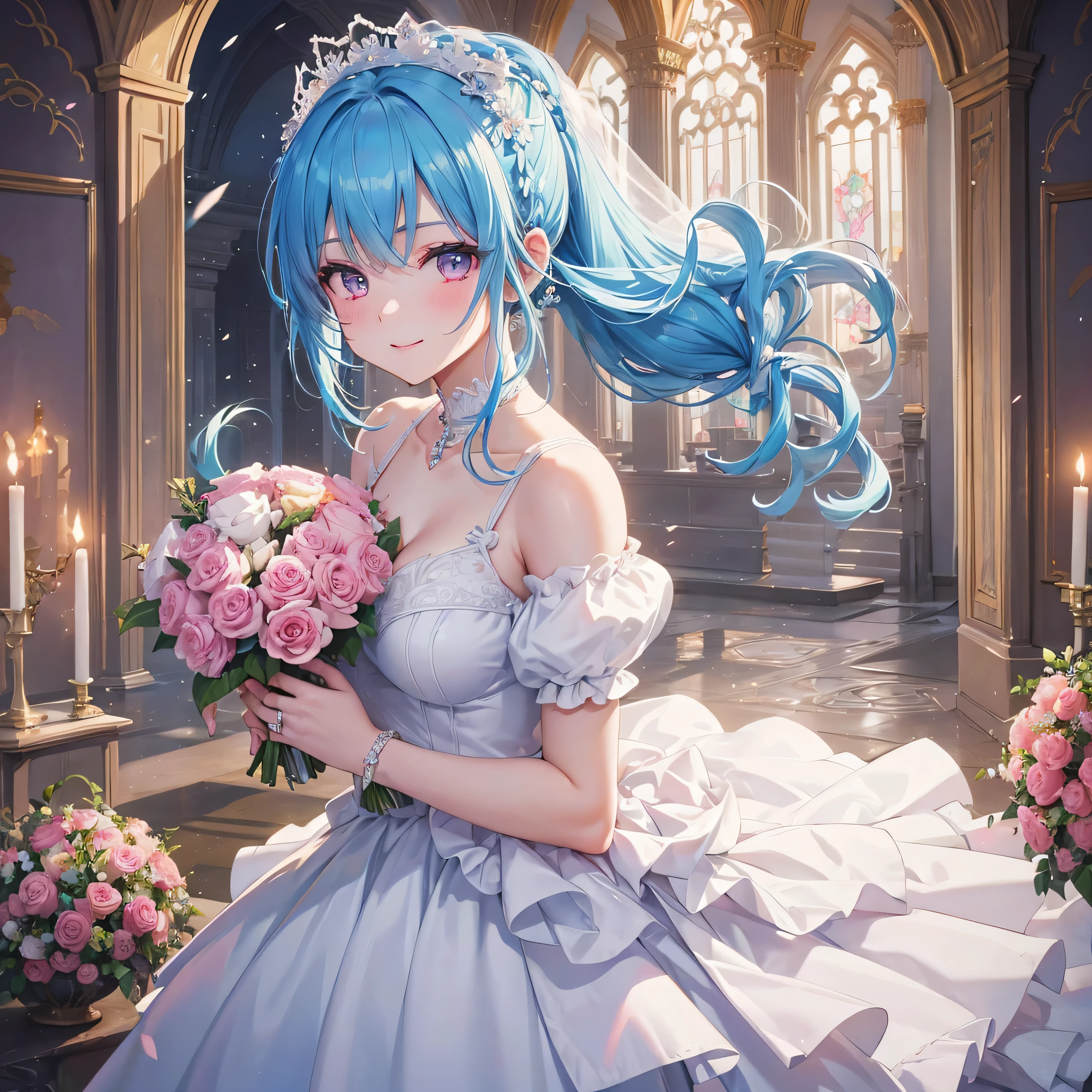 Sky blue hair, (Braided Ponytail),(Pink Eyes),Fair skin ,(whole body),(One girl),bride,A big smile,Straight bangs, 6月のbride,Wedding dress,(masterpiece, Highest quality, Very detailed, Best Shadow), (Detailed Background), (Beautifully detailed face), High Contrast, (Best lighting, Very delicate and beautiful), ((Cinematic Light)), colorful, Hyper Detail, Dramatic Light, Intricate details,Chapel background,Bouquet of roses,Ring on left ring finger,