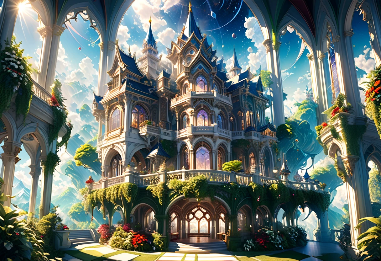 a magnificent floating royal castle in the sky, It is made of a material that resembles a mixture of pure white marble and transparent crystal, (a huge astronomical telescope on the balcony:1.2), ornate architecture, highly detailed, intricate carvings and decorations, glowing crystals, sunlight streaming through stained glass windows, overflowing gardens, lush greenery, (best quality,4k,8k,highres,masterpiece:1.2),ultra-detailed,(realistic,photorealistic,photo-realistic:1.37),detailed lighting, dramatic shadows, vibrant colors, fantasy, digital art, concept art
