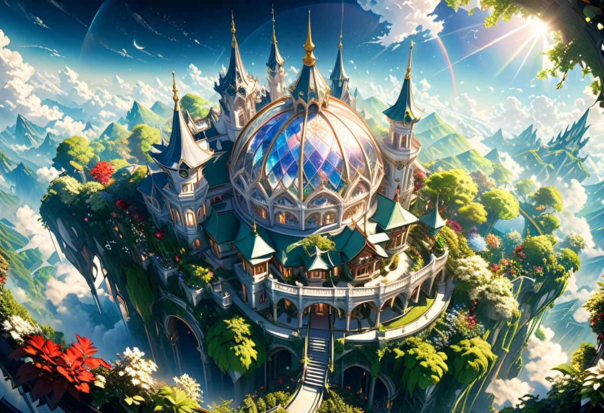 a magnificent floating royal castle in the sky, It is made of a material that resembles a mixture of pure white marble and transparent crystal, (a huge astronomical telescope on the balcony:1.2), ornate architecture, highly detailed, intricate carvings and decorations, glowing crystals, sunlight streaming through stained glass windows, overflowing gardens, lush greenery, (best quality,4k,8k,highres,masterpiece:1.2),ultra-detailed,(realistic,photorealistic,photo-realistic:1.37),detailed lighting, dramatic shadows, vibrant colors, fantasy, digital art, concept art