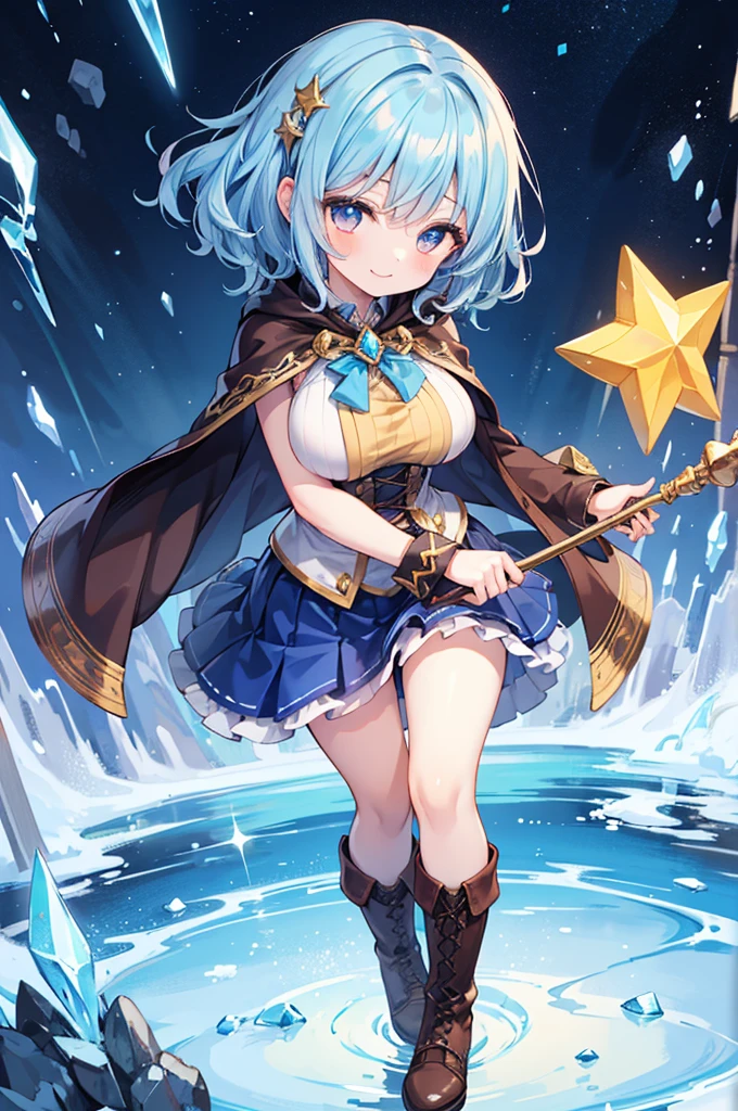 Fantasy,((Masterpiece)),((high resolution)),((Best Quality)),Anime illustration,((1girl)),(wavy hair),(short hair),(pale blue hair color),small ponytail,headband,Indigo eyes,(Big round eyes),((tareme)),12 years old,((baby face)),(((very big breasts))),Short stature,Young,(loli),,ice wizard,sleeveless white blouse,Blue mini skirt,slit,Brown corset,brown capelet,smile,,Brown long boots,wizard's wand with blue gem,