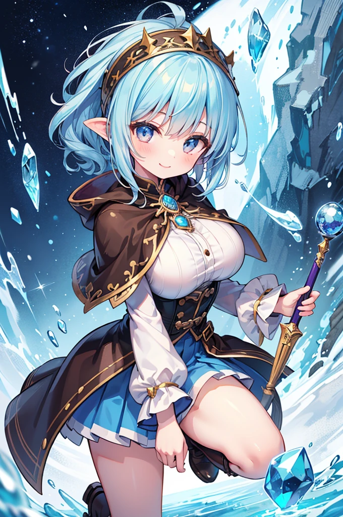 high resolution:1.7, incredibly absurdres, kawaii:1, cute:1.5, hires.fix, incredibly fine illustration,8k,masterpiece:1.2,best quality, high quality, exquisite, beautiful, insanely detailed, intricate detailed, extremely detailed, Super Definition, ultra high res, Super Resolution, best aesthetic, ultra detailed:1.5, best quality, perfect face, detailed face, masterpiece:1.2, illustration:1.2, 8k cg wallpaper, stunning art,absurdres,octane render,ultra hires,cute elf,tiny little body,(((wizard girl, gothic style girl, wet girl))),((anime elf with extremely cute and beautiful blond hair)),((((blond hair:1.35,undercut blond hair,short hair,colored inner hair,ear breathing)))),(((green_eyes:1.3))),intricate eyes,beautiful detailed eyes,symmetrical eyes,big eyes:1.5,(((pinky skin,glowing_skin,lustrous skin:1.5,bright skin: 1.5,skin tanned,shiny skin,very shiny skin,shiny body,plastic glitter skin,exaggerated shiny skin,illuminated skin))),upward breasts,(detailed body,(detailed face)),cute,daring,zettai ryouiki,show skin,She has long eyelashes that add to her captivating appearance,arms behind back, spread legs,(((girl dressed as a ice magician,micro blue skirt,cute gothic fashion))),(((white side-tie panties))),(((aqua fur coat, aqua fur coat outfit, wearing a ice dress:1.3,aqua winter coat))), midriff peek,(garter belt,Stockings),sweat, steam,dark forest,(on tentacle pit),(((tentacles))),Gothic Choker with chains,thighlet,(Wizard's hat),holding shining sword,Detailed pussy, beatifull pussy, visible pussy 