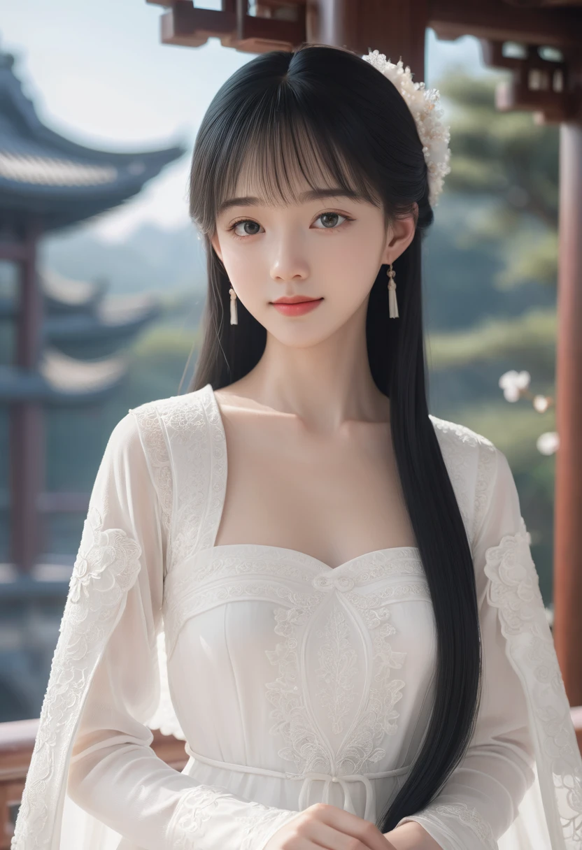 chinese dresses,China dress,Hanfu Dress,Blonde girl in white dress, A surprisingly young and mysterious person, Photorealistic anime girl render, Soft and fantastic lighting, Soft lighting, Elegant digital art, Soft 3D Rendering, Soft Portrait, Subtle, soft, hazy lighting, Smooth 3D CG Rendering ,Are standing,Large Breasts,(close up face), ( girl), small smile, (white detailed princess dress), a lot of frills, frilly long sleeves, white lace cape, beautiful tender eyes symmetrical, (beautiful and detailed face), beautiful long black hair, blunt bangs, nice hands, perfect hands, (palace garden)