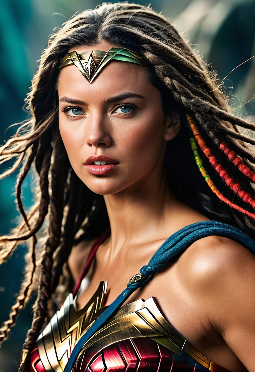 Extremely close-up Adriana Lima under the mantle of the Amazon warrior Wonder Woman images Surreal cinematic HD images Color Splash (((dreadlocks))),(((Diaema Wonder Woman))