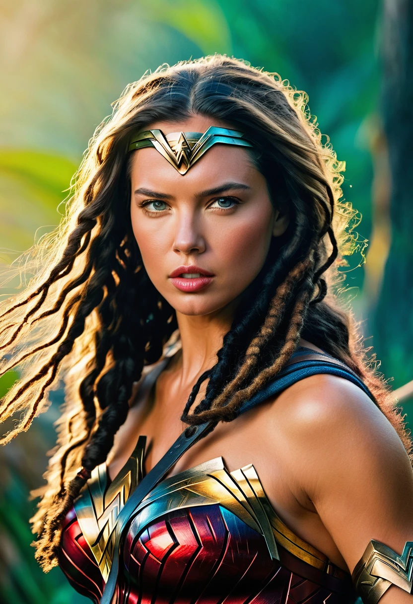 Extremely close-up Adriana Lima under the mantle of the Amazon warrior Wonder Woman images Surreal cinematic HD images Color Splash (((dreadlocks))),(((Diaema Wonder Woman))