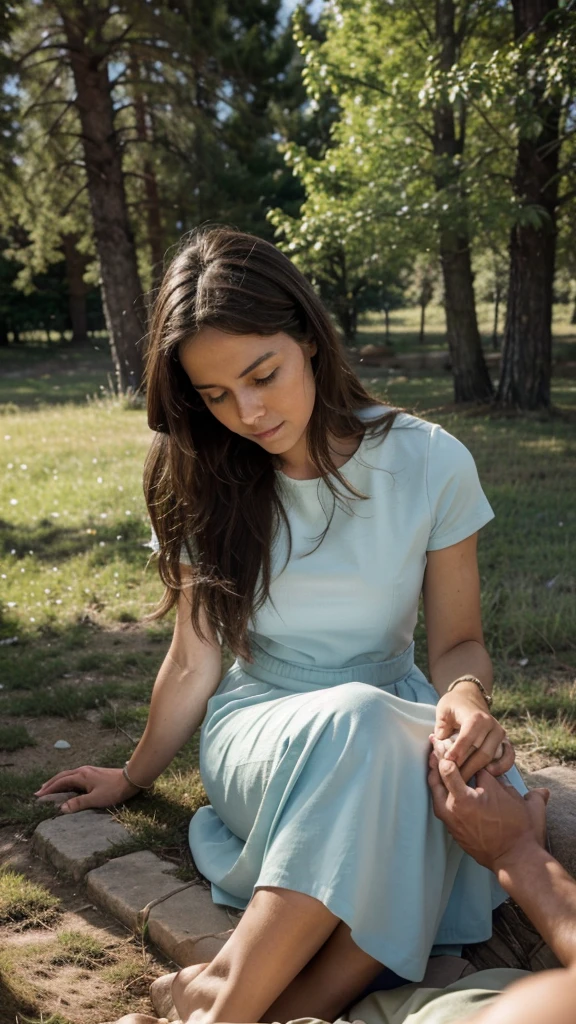 "A detailed, high-quality image of Jesus helping someone in distress. The scene shows Jesus gently lifting a person who has fallen, symbolizing spiritual and emotional support. The background is a peaceful natural setting, perhaps a meadow or a quiet garden, with soft sunlight filtering through the trees. Jesus' face reflects deep compassion and understanding, while the person being helped shows a mixture of relief and gratitude. The overall atmosphere conveys a powerful message of support, care, and divine assistance."