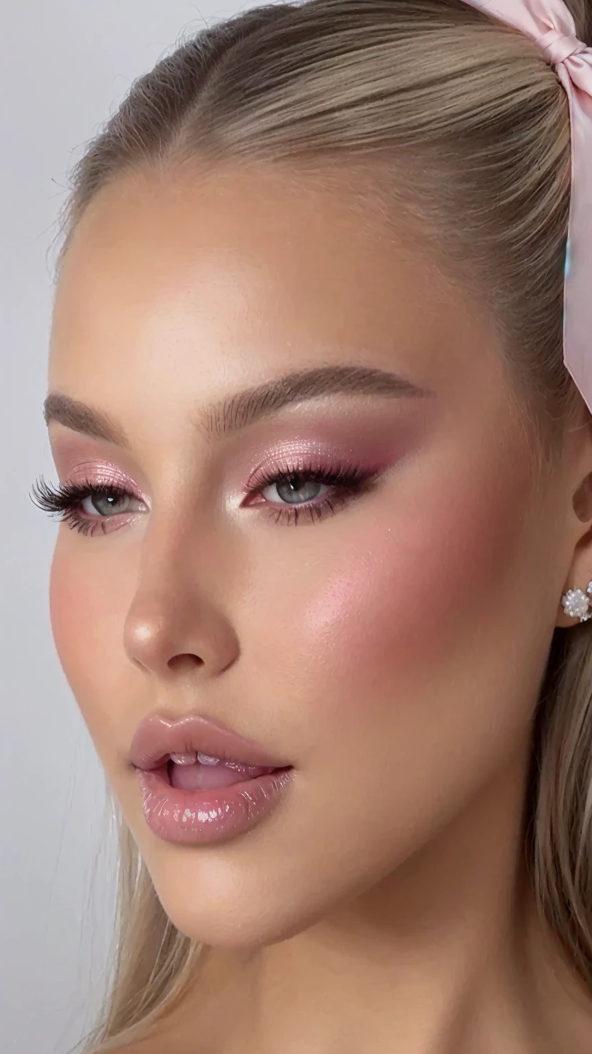 Close-up of a woman with a pink bow on her head, sexy face with full makeup, soft makeup, pastel makeup, subtle makeup, sensual look, glossy eyes, bright pink eyes, bright pink face, delicate pale pink lips, with professional makeup, thick and elegant makeup, light makeup, Pop makeup style, glossy lips, subtle makeup, glossy