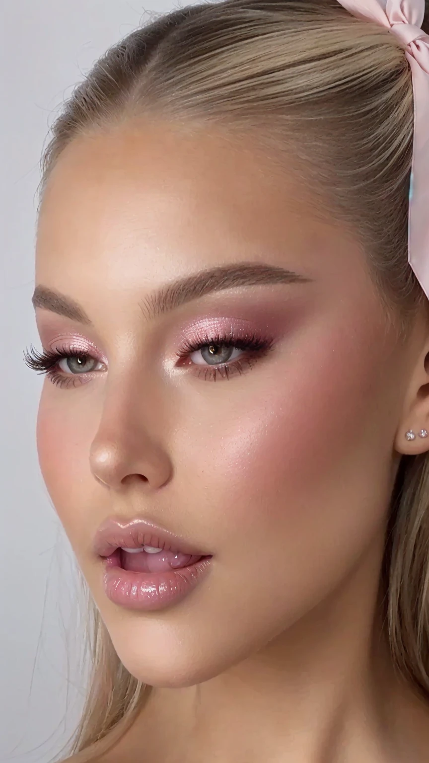 Close-up of a woman with a pink bow on her head, sexy face with full makeup, soft makeup, pastel makeup, subtle makeup, sensual look, glossy eyes, bright pink eyes, bright pink face, delicate pale pink lips, with professional makeup, thick and elegant makeup, light makeup, Pop makeup style, glossy lips, subtle makeup, glossy