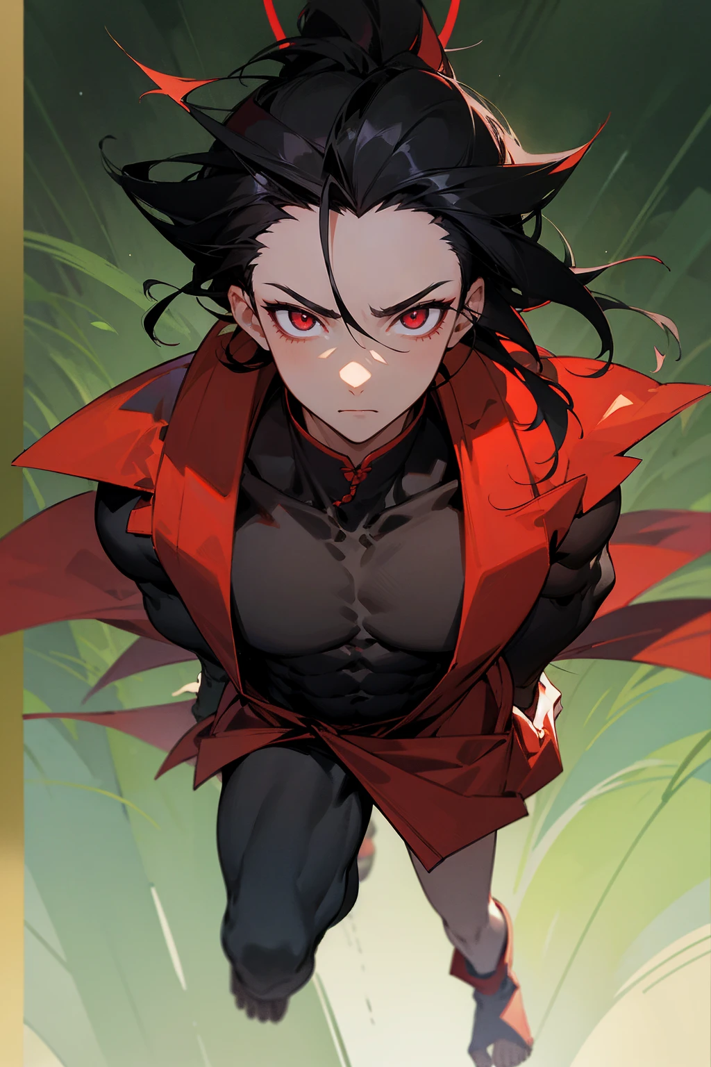 Masterpiece Quality, Perfect Generation, Sclera, Detailed Eyes, , Red And Black Long Spiky Hair, Muscular, Black Haori, Bored Expression, , Forest Background, Full Body,
