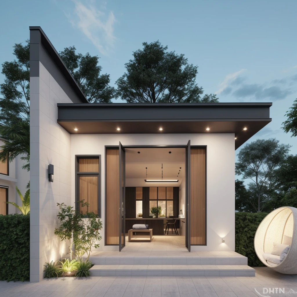 1 morden architect, KTH Detail - Shimering night sky, SHIMERING SKY:1.3, main material by white wall and wood, 1large yard, 1 road runs in front of the house, (RAW photo, real, best quality, masterpiece:1.2), look morden minimalist, 1 road in front of the house, dynamic lighting:1.3, (hyper realistic, photo-realistic:1.2), high quality, (dark lighting:1.2), perfect lighting, archdaily, no human