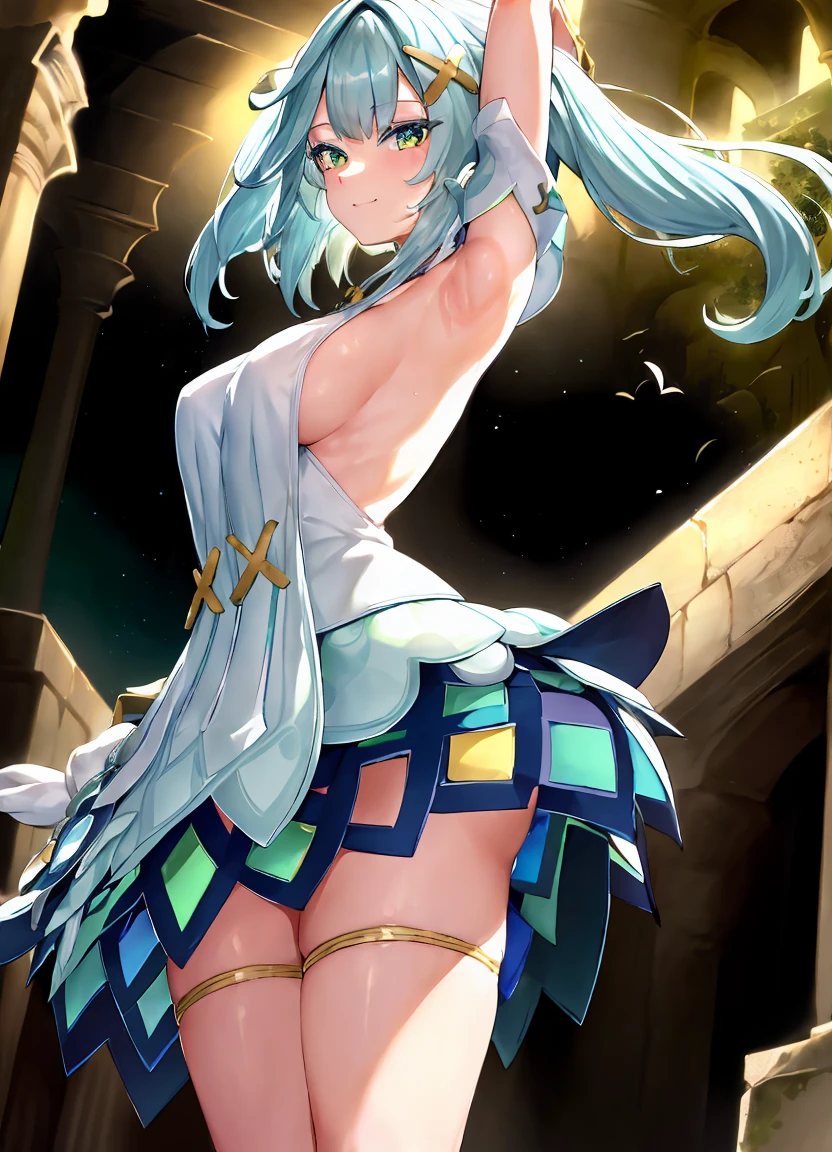 faruzandef, full body, high detailed face, high detailed dress, smile, looking at viewer, armpits, arms up, standing up, dynamic pose, medium breasts, side breasts, perfect round ass, sunny ancient ruins.