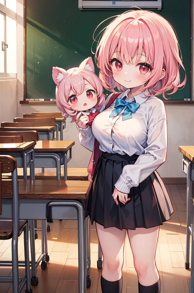 Fantasy,((Masterpiece)),((high resolution)),((Best Quality)),Anime illustration,((1girl)),(wavy hair),(short hair),(pale pink hair color),small ponytail,Red eyes,(Big round eyes),((tareme)),((child)),,((baby face)),((very big breasts)),Short stature,Young,((loli)),,,carn,mini skirt,smile,Ladylike,classroom,