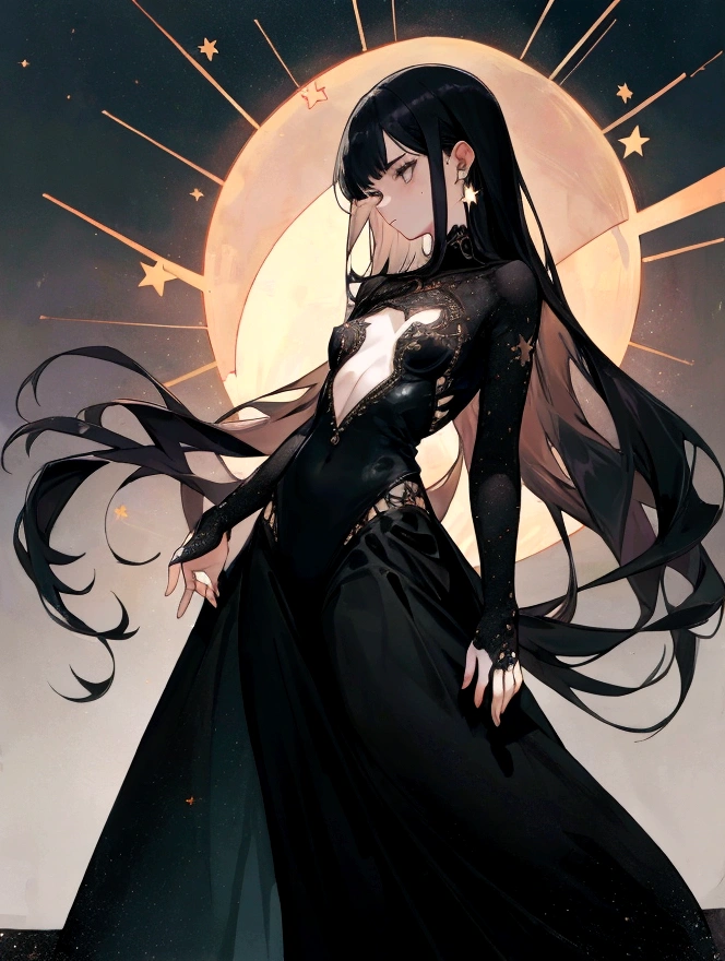 full-length, girl, 20 years, hole in the chest, black clothes, stars on the skin, holes in the body, black hair