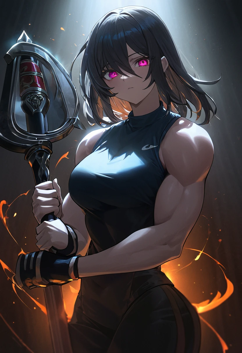 Masterpiece, best quality, high definition, extremely detailed, solo, woman, muscular, club background, glowing eyes, dark color scheme, low lighting
