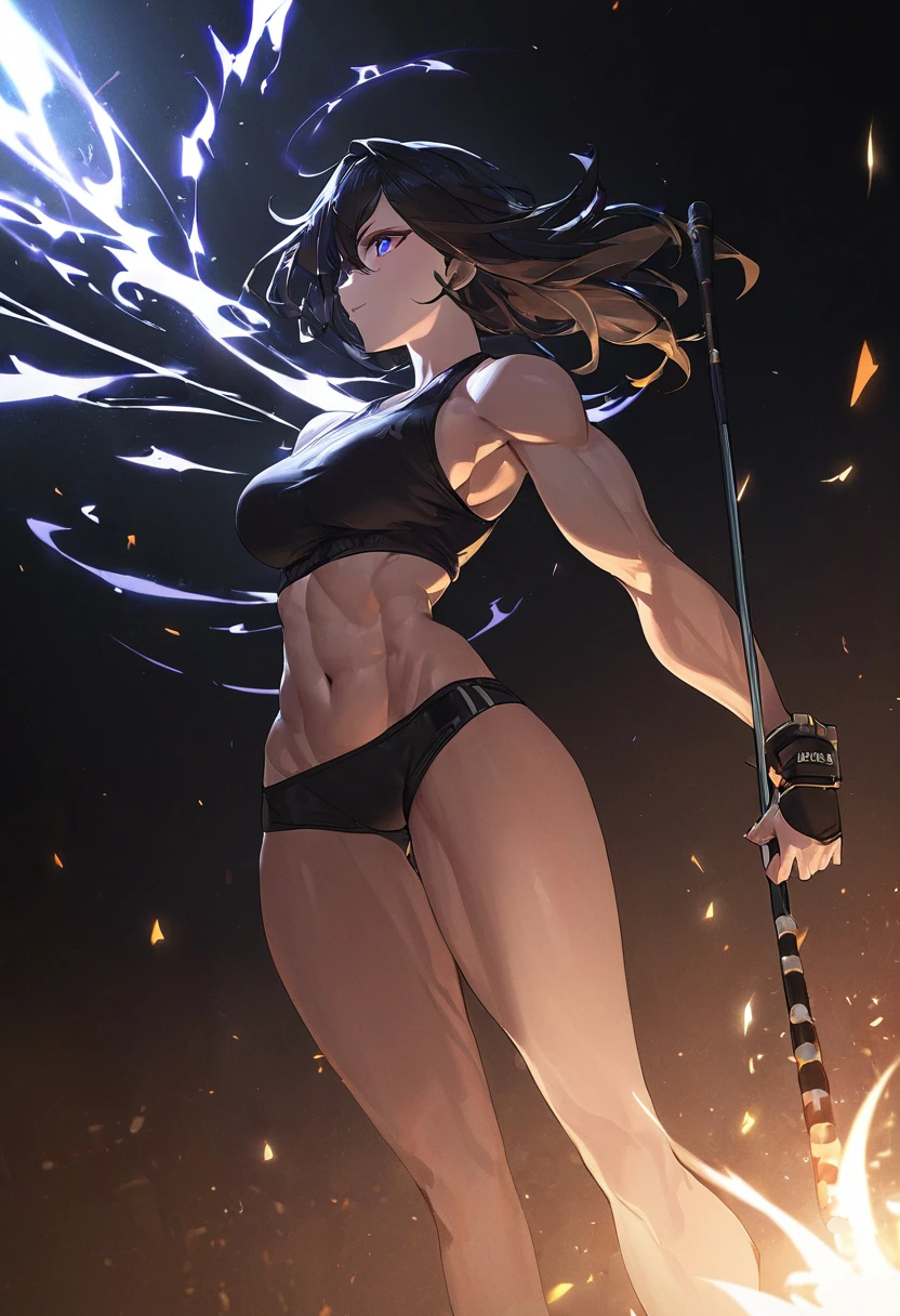 Masterpiece, best quality, high definition, extremely detailed, solo, woman, muscular, club background, glowing eyes, dark color scheme, low lighting
