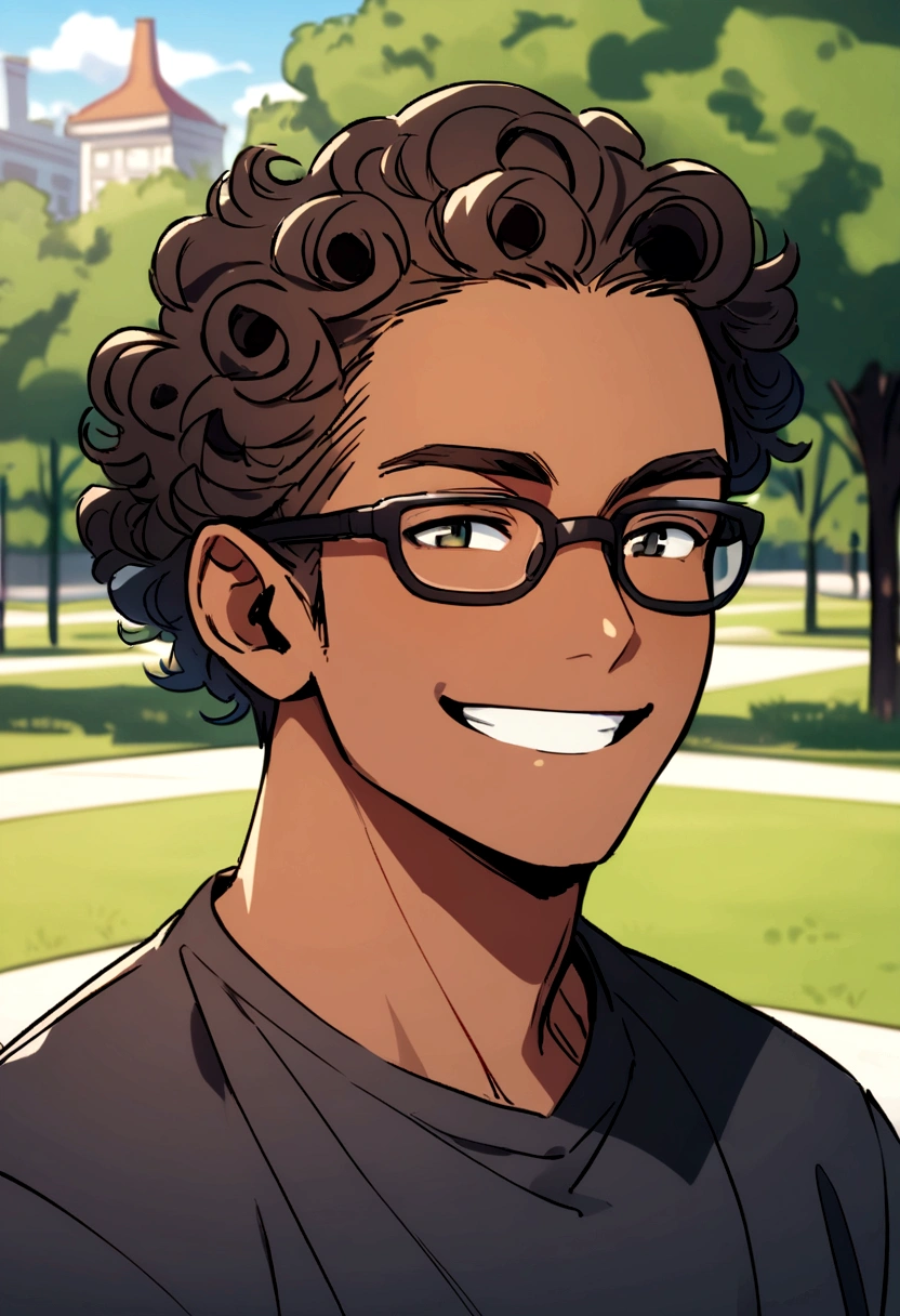 man with curly hair dark skin without beard smiling wearing glasses with a park in the background