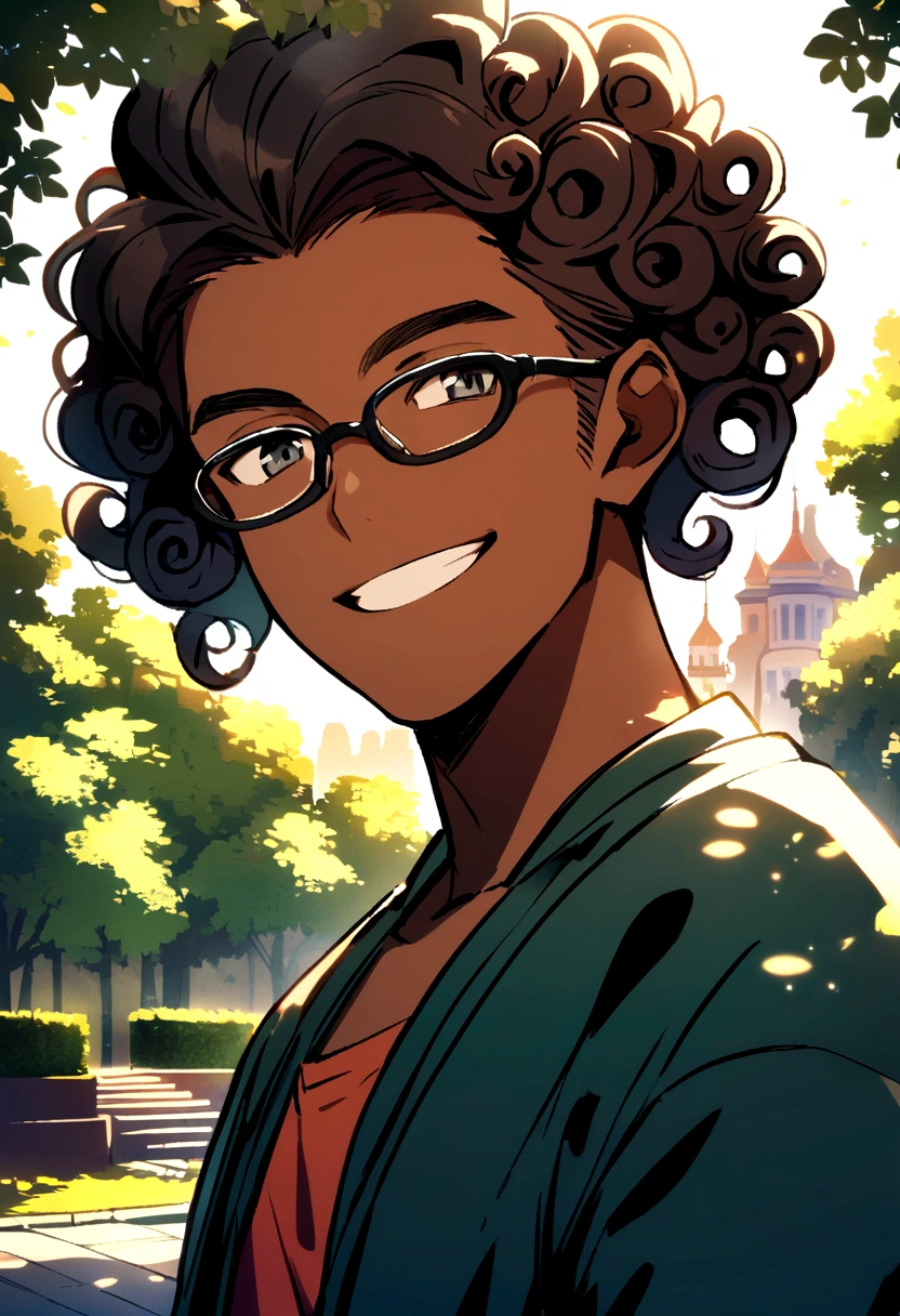 man with curly hair dark skin without beard smiling wearing glasses with a park in the background