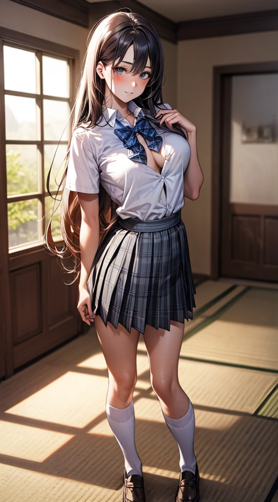 (masterpiece:1.2, top-quality), (realistic, photorealistic:1.4), beautiful illustration,
looking at viewer, full body, front view:0.6,
1 girl, japanese, high school girl, (long hair:1.5), blown hair, (half up, half updo), bangs, hair between eye, large breasts:0.8,
beautiful hair, beautiful face, beautiful detailed eyes, beautiful clavicle, beautiful body, beautiful chest, beautiful thigh, beautiful legs, beautiful fingers,
(beautiful scenery), , school,
((collared short sleeve shirt, white shirt, , grey plaid pleated skirt, blue plaid bow tie)), white panties,
(standing, , lift up skirt, grab the hem of the skirt, hands on chest, hand between legs),
blush, ,