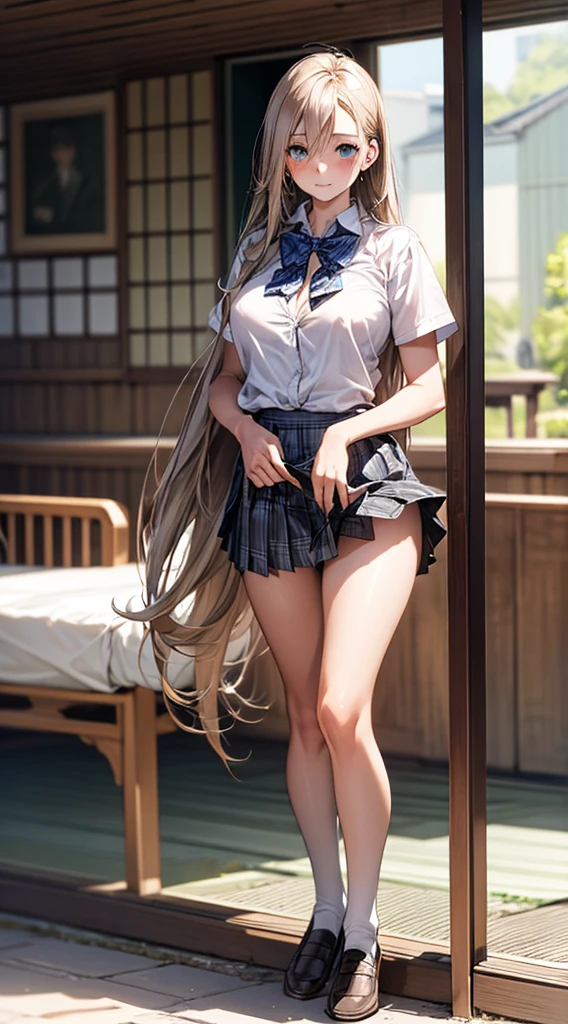 (masterpiece:1.2, top-quality), (realistic, photorealistic:1.4), beautiful illustration,
looking at viewer, full body, front view:0.6,
1 girl, japanese, high school girl, (long hair:1.5), blown hair, (half up, half updo), bangs, hair between eye, large breasts:0.8,
beautiful hair, beautiful face, beautiful detailed eyes, beautiful clavicle, beautiful body, beautiful chest, beautiful thigh, beautiful legs, beautiful fingers,
(beautiful scenery), , school,
((collared short sleeve shirt, white shirt, , grey plaid pleated skirt, blue plaid bow tie)), white panties,
(standing, , lift up skirt, grab the hem of the skirt, hands on chest, hand between legs),
blush, ,
