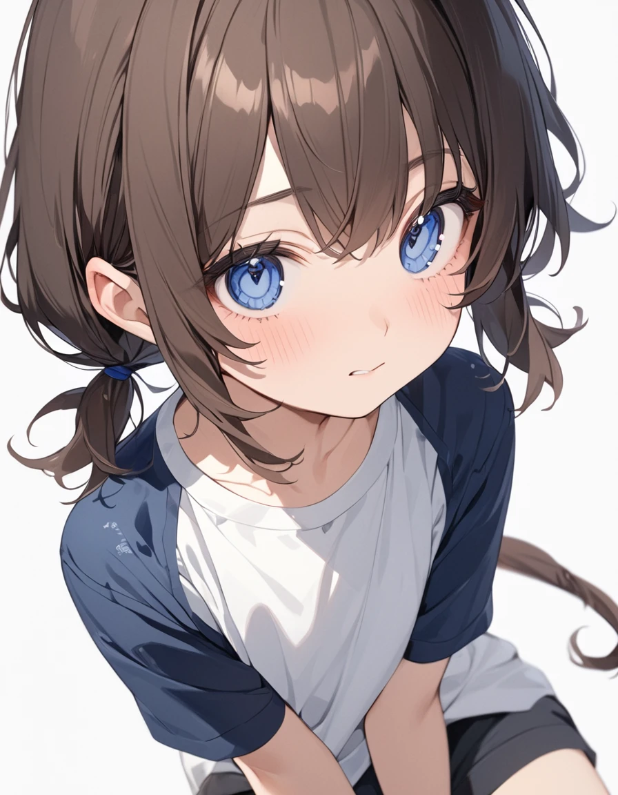1girl, {masterpiece,best quality,ultra-detailed,beautiful detailed eyes}, {dark brown hair, chestnut hair, short hair, (short twin tail:1.2), (low twin tail:1.2)}, {Gradient eyes from black to blue, round eyes, cute eyes}, cute girl, ,(white t-shirt, dark blue windbreaker}, 怒った顔, {simple background,white background}