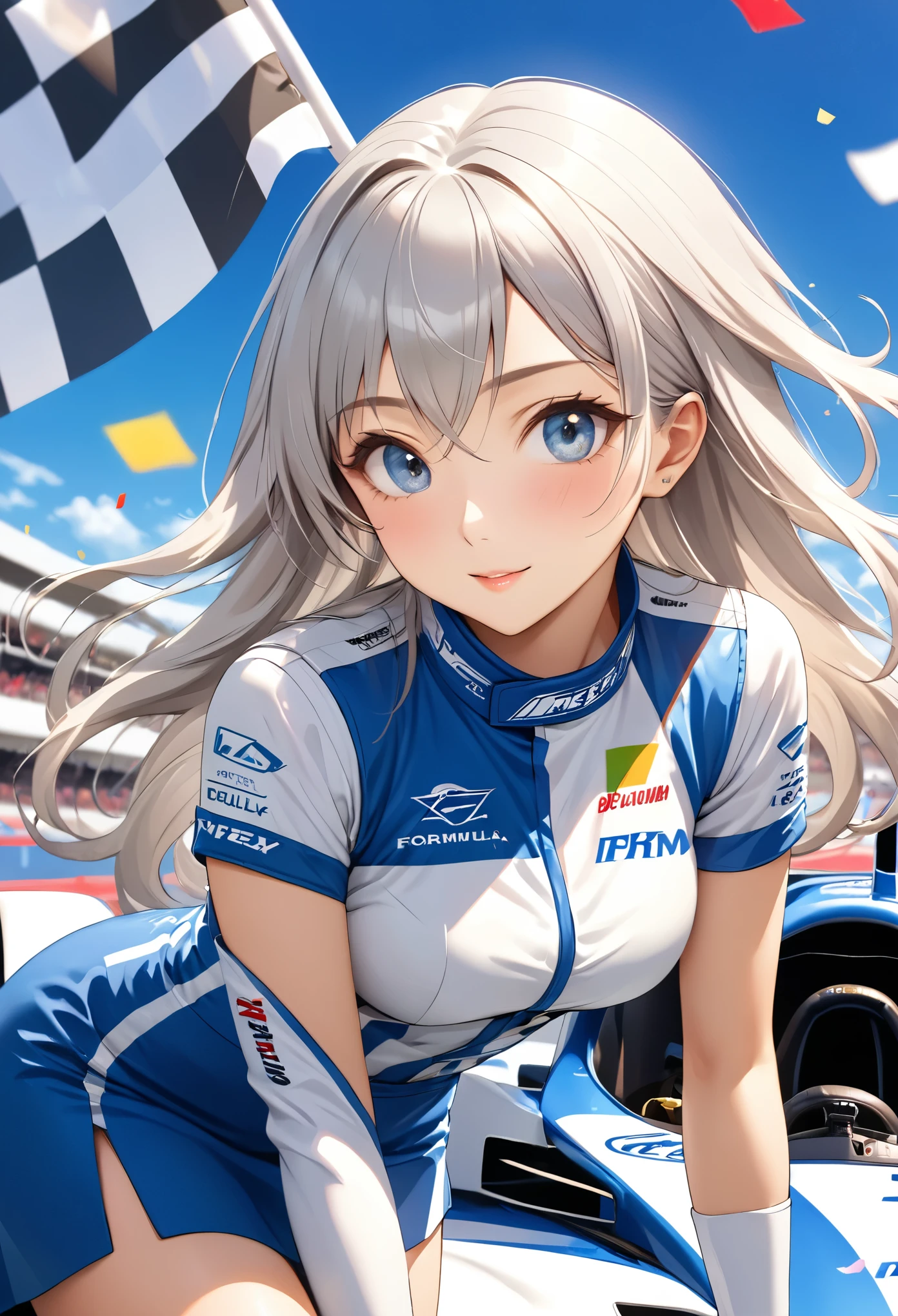 Highest quality, Super quality, 16K, Incredibly absurd, Very detailed, 2.5D, delicate and dynamic, blue sky, Confetti, Racing Car, Checkered Flag, Small face, Extremely delicate facial expression, Delicate eye depiction, Upper body close-up, sole sexy lady, healthy shaped body, 22 years old lady, Race Queen, 170cm tall, big firm bouncing busts, white silver long hair, sexy long legs, 派手なRace Queenのコスチューム, blue long skirt, white leather long boots, Formula 1, Auto Racing Track