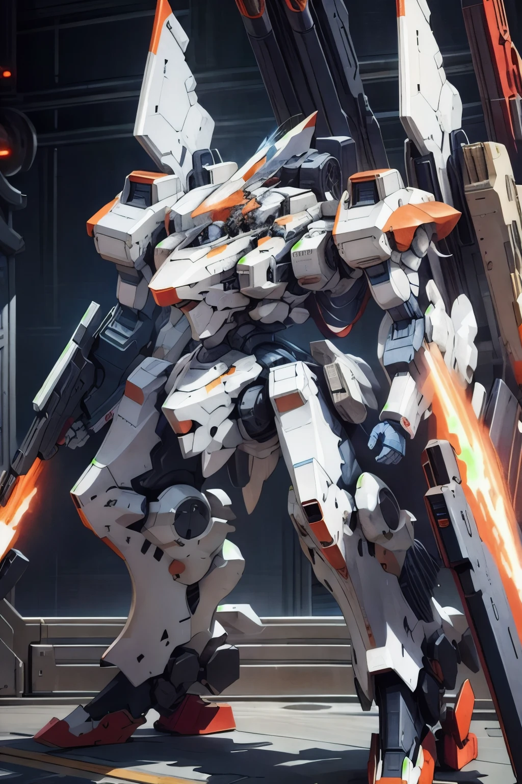 The orange Armored Core with white trim carried a double turret shield. Its square body and octagonal connections brought a more sacred air., as well as its heavy and massive size to withstand heavy blows. The thrusters on his back looked thick and powerful, capable of accelerating a frigate through space.