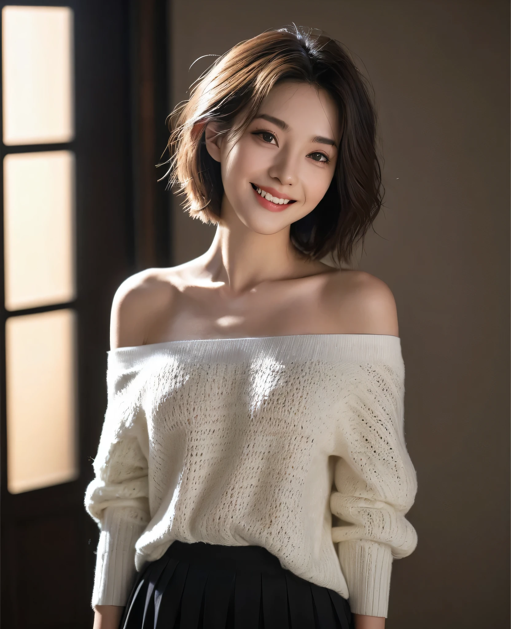 Best quality，masterpiece，Ultra-high resolution，(Realism:1.5)，original photo，1 Girl，Off-shoulder，Low-cut，Chest-length skirt，in the darkness，Deep Shadows，Low profile，Openwork sweater，Cold Light，Attractive appearance，short hair，Half-length photo，Smile